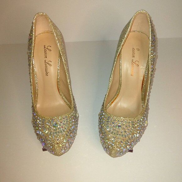 LAUREN LORRAINE CRYSTAL GOLD CINDERELLA BLING CRYSTAL HIGH HEEL SHOES - SIZE 7 - Picture 5 of 11